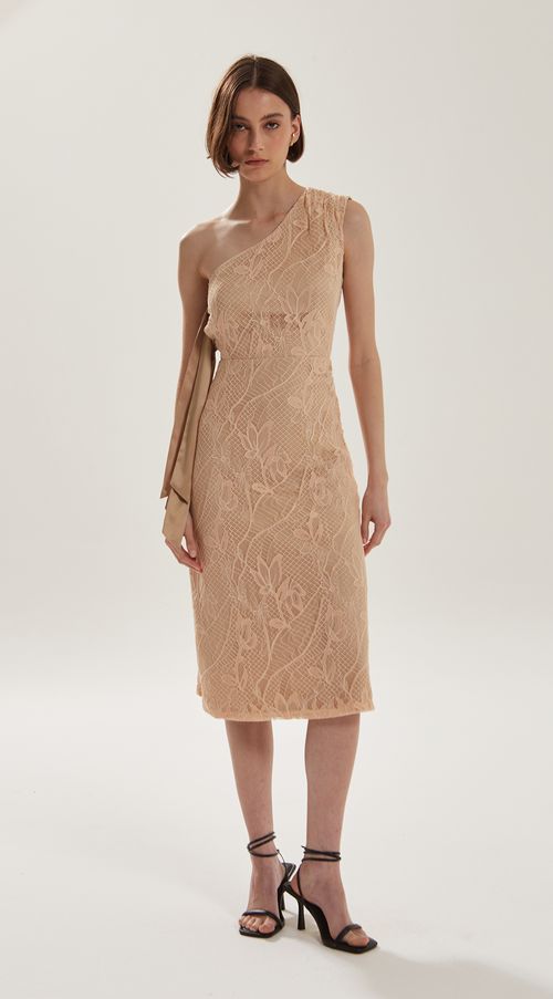 Vestido Iódice Midi Ombro Só Com Amarração Bege