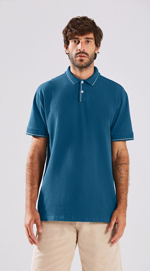 Camiseta Regular Gola Polo Detalhe Friso Com Logo Azul