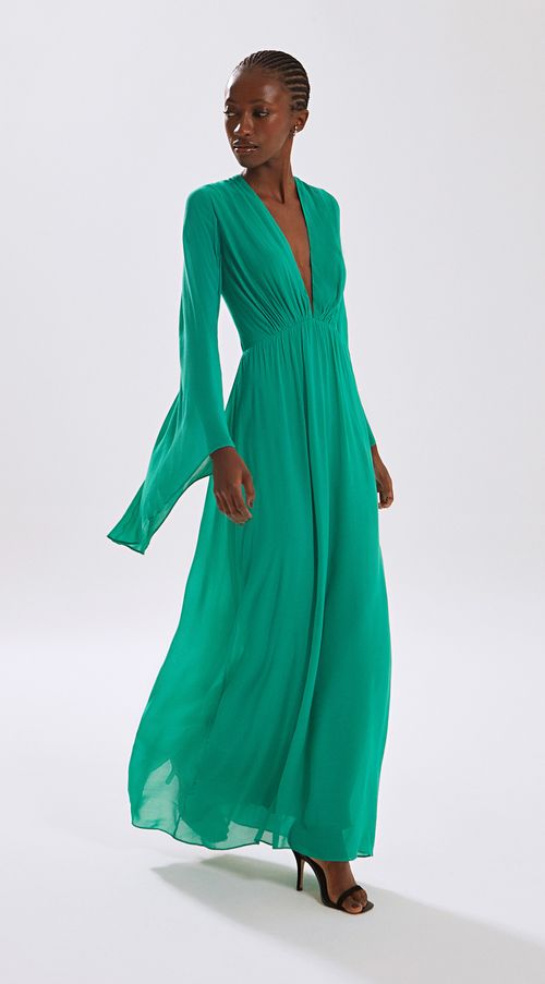 Vestido Iódice Longo Decote V Com Franzido Verde