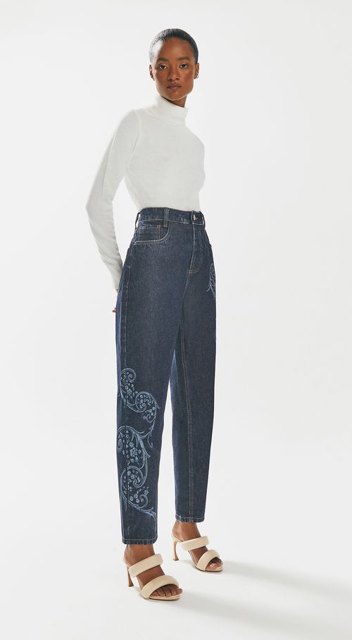 Calca Iódice Mom Cós Alto Com Laser Jeans
