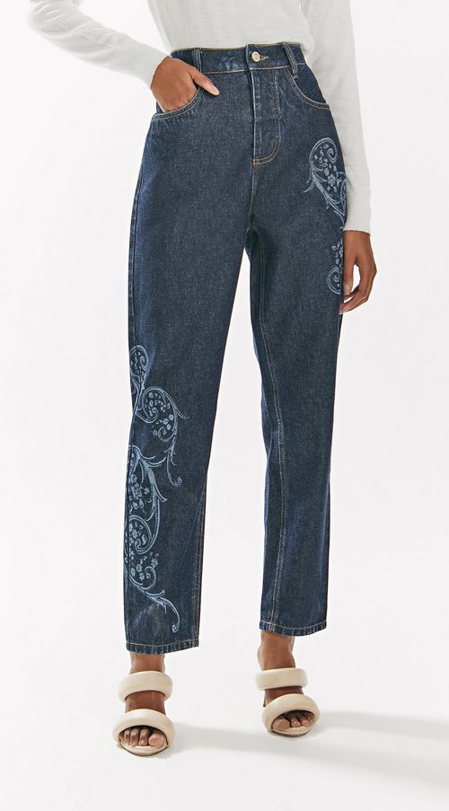 Calca Iódice Mom Cós Alto Com Laser Jeans