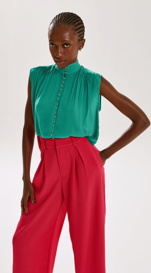 Blusa Iódice Gola Padre Sem Manga Com Franzido Verde