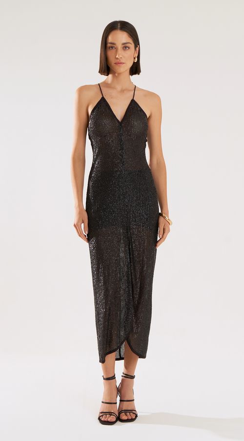 Vestido Iódice Midi Decote V Abertura Frente Preto