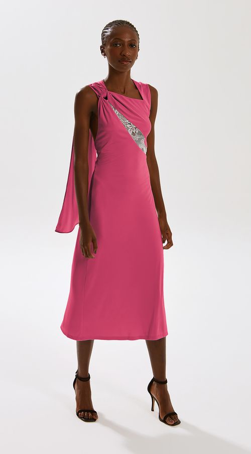 Vestido Iódice Midi Decote Assimétrico Detalhe Renda Pink