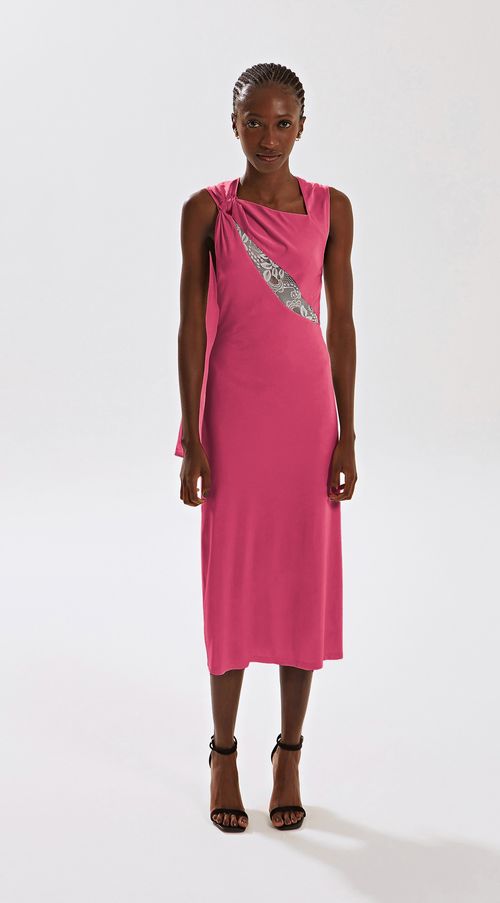 Vestido Iódice Midi Decote Assimétrico Detalhe Renda Pink