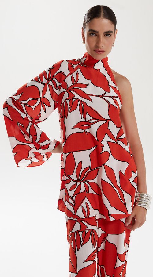 Blusa Iódice Gola Alta Manga Assimétrica Abertura Lateral Vermelho