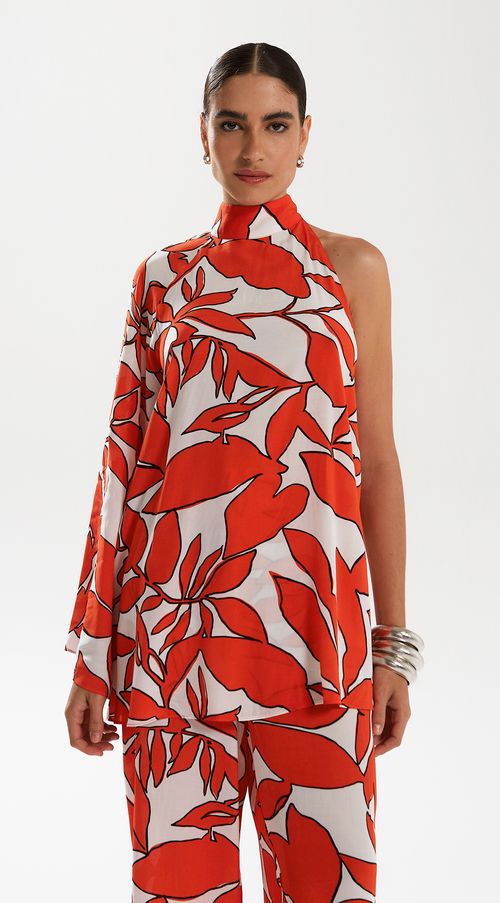 Blusa Iódice Gola Alta Manga Assimétrica Abertura Lateral Vermelho