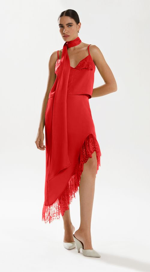 Saia Iódice Midi Assimétrica Detalhe Renda Vermelho