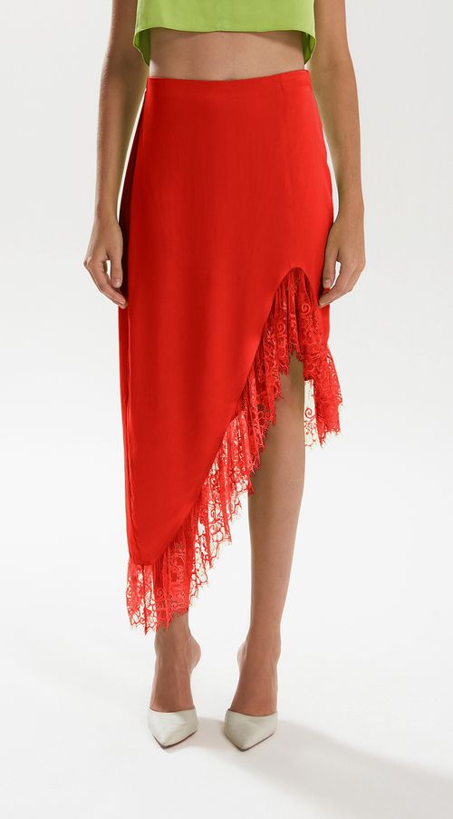 Saia Iódice Midi Assimétrica Detalhe Renda Vermelho