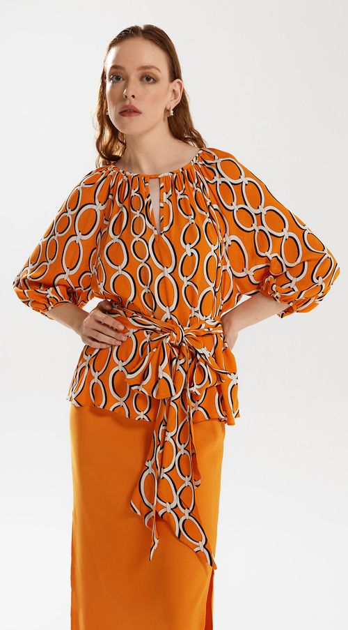 Blusa Iódice Decote Canoa Manga 3/4 Com Cordão Laranja