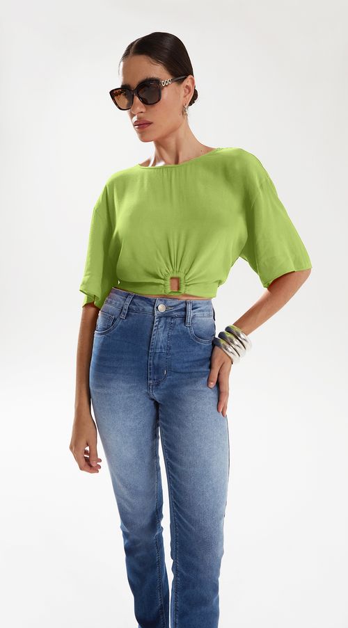 Blusa Iódice Decote Redondo Manga Curta Detalhe Frente Verde Claro