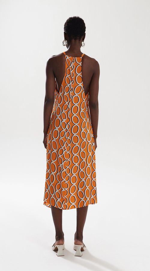 Vestido Iódice Longo Decote Redondo Com Botão Laranja