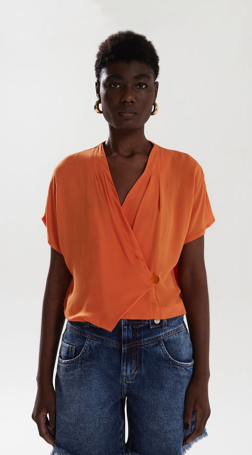 Blusa Iódice Decote Transpassado Manga Curta Com Botão Laranja