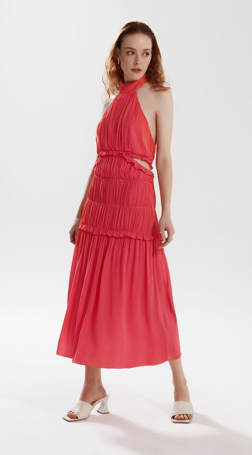Vestido Iódice Midi Gola Alta Com Franzido Laranja