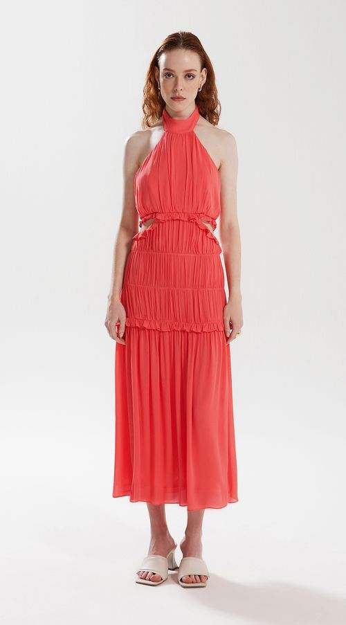 Vestido Iódice Midi Gola Alta Com Franzido Laranja