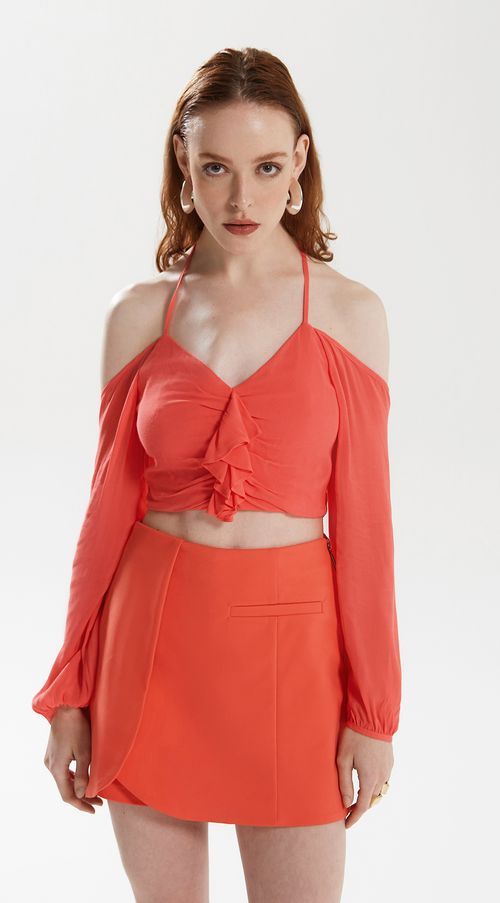 Blusa Iódice Frente Única Manga Longa Com Babado Laranja