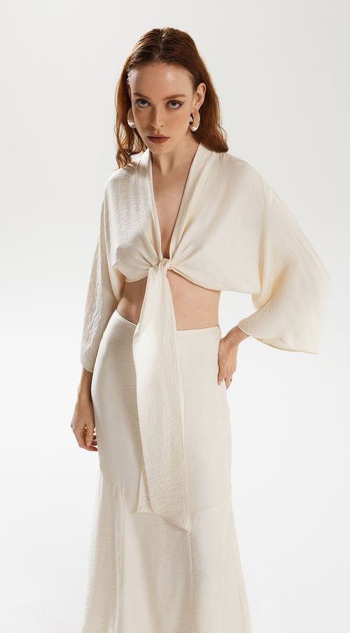 Blusa Iódice Decote V Manga Raglan 7/8 Amarração Frente Off White