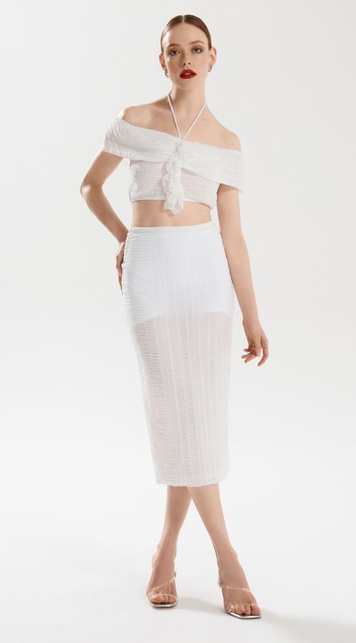 Saia Iódice Midi Lápis Com Franzidos Off White