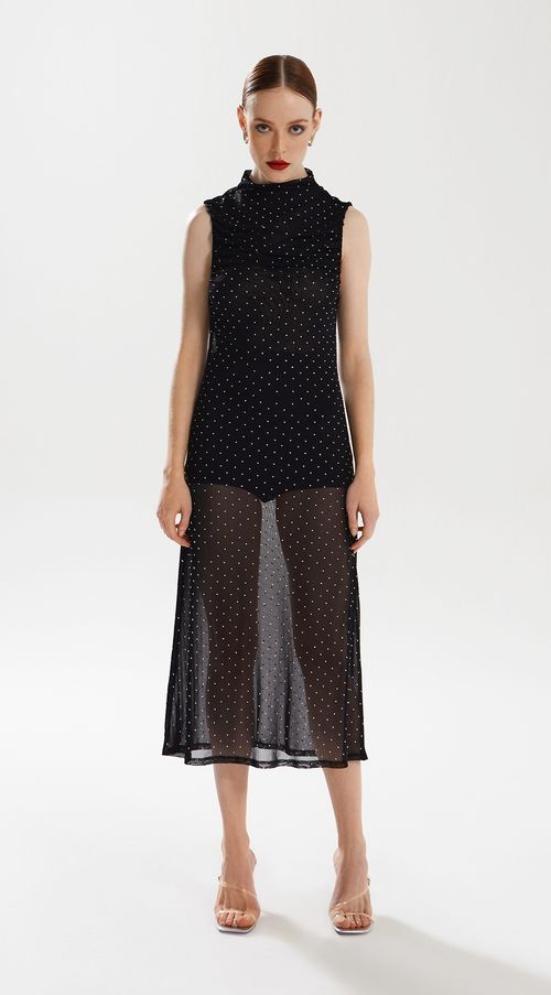 Vestido Iódice Midi Gola Alta Com Franzido Preto