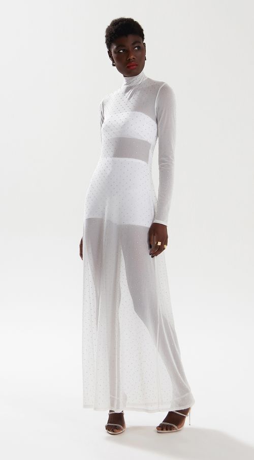 Vestido Iódice Longo Gola Alta Com Transparência Off White