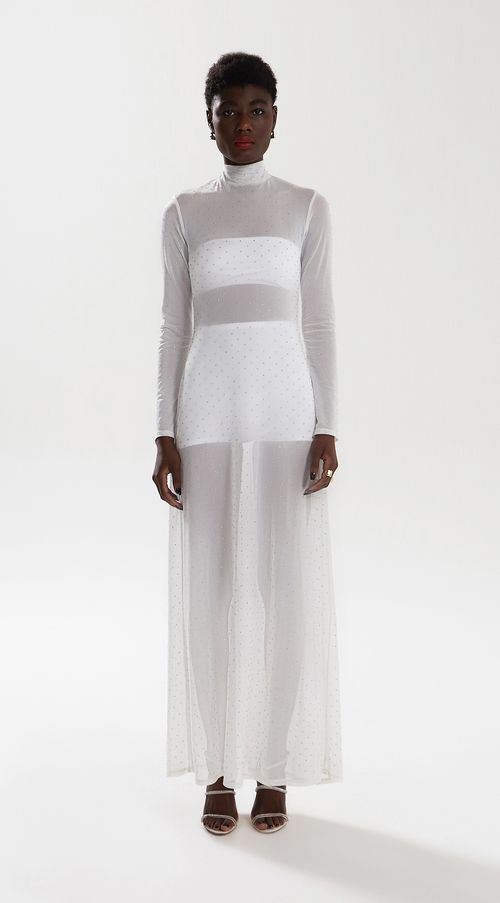 Vestido Iódice Longo Gola Alta Com Transparência Off White