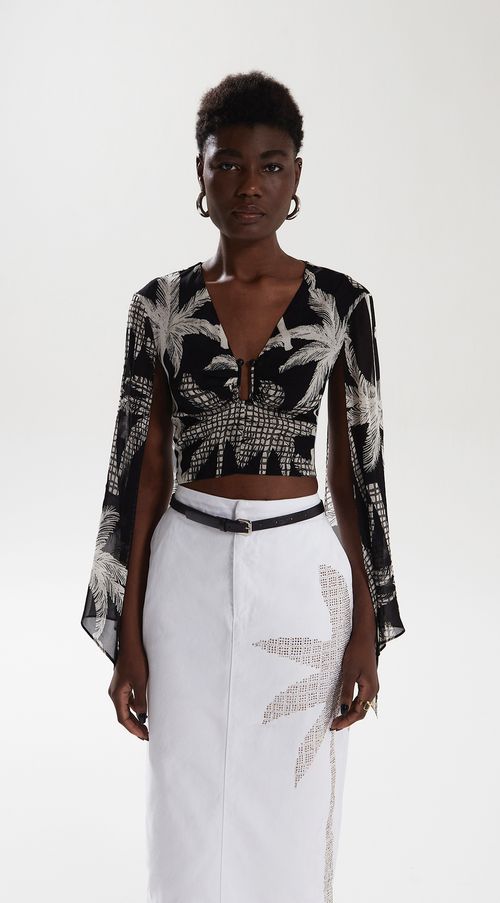 Blusa Iódice Decote Profundo Manga Longa Abertura Manga Preto