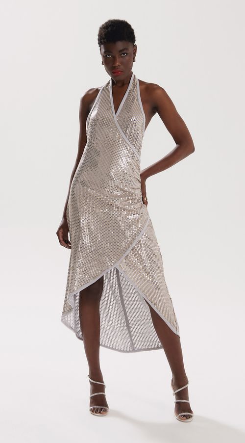 Vestido Iódice Midi Frente Única Com Franzido Prata