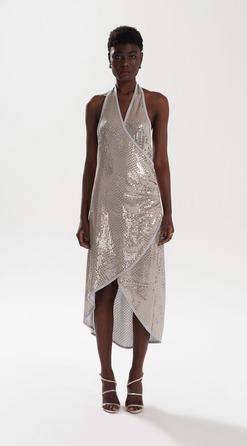 Vestido Iódice Midi Frente Única Com Franzido Prata