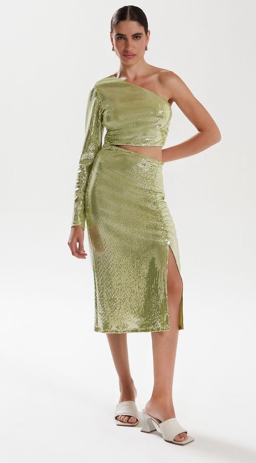 Vestido Iódice Longo Ombro Só Com Fenda Verde Claro