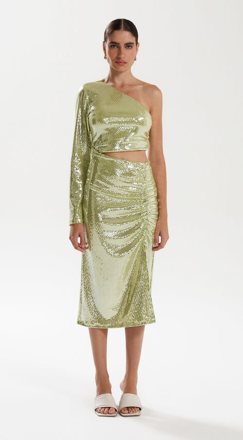 Vestido Iódice Longo Ombro Só Com Fenda Verde Claro