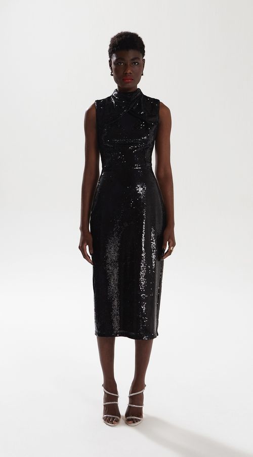 Vestido Iódice Midi Decote V Com Recorte Preto