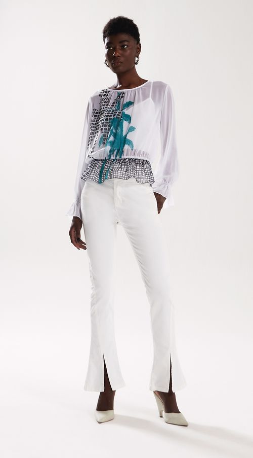 Calca Iódice Skinny Flare Cós Alto Detalhe Fivelas Off White