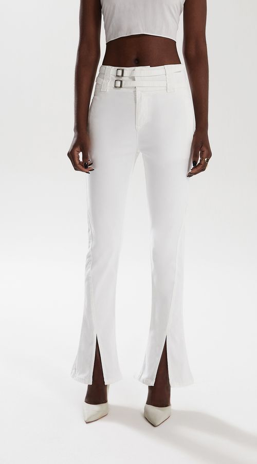 Calca Iódice Skinny Flare Cós Alto Detalhe Fivelas Off White