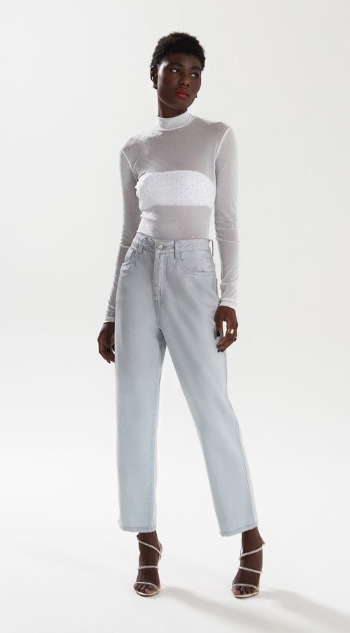 Calca Iódice Reta Slim Cós Alto Efeito Glitter Jeans