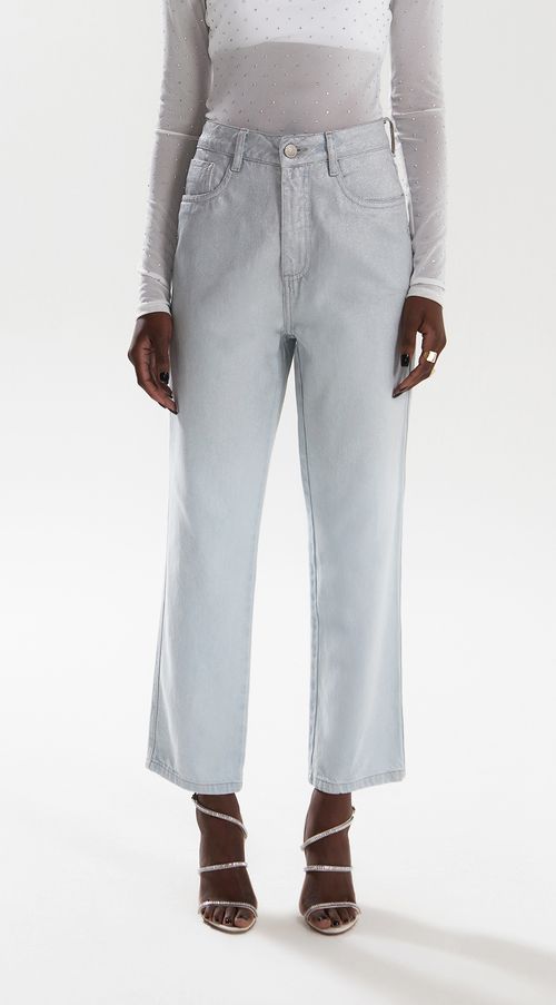 Calca Iódice Reta Slim Cós Alto Efeito Glitter Jeans