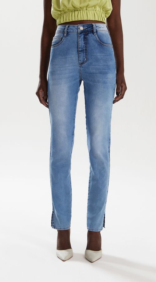 Calca Iódice Skinny Cós Alto Abertura Barra Jeans