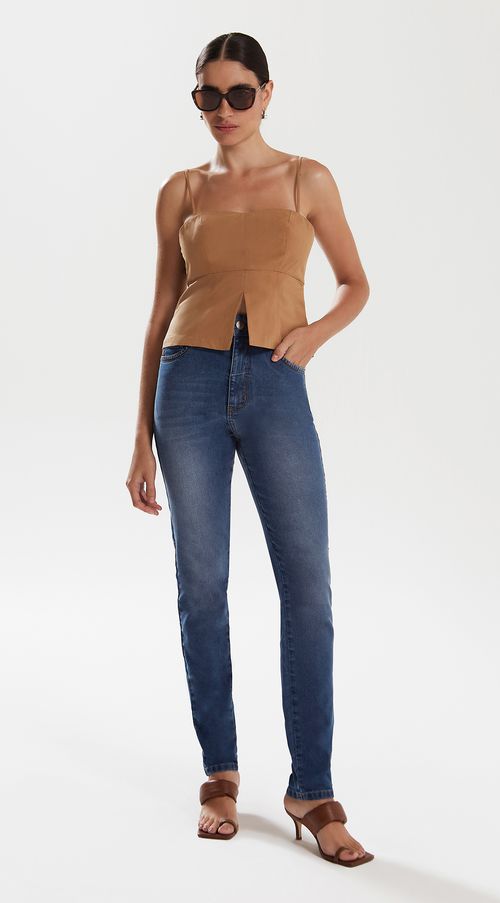 Calca Iódice Skinny Cós Alto Detalhe Bolso Jeans