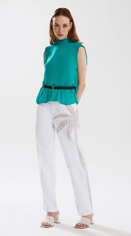 Calca Iódice Reta Slim Cós Alto Com Termocolante Branco