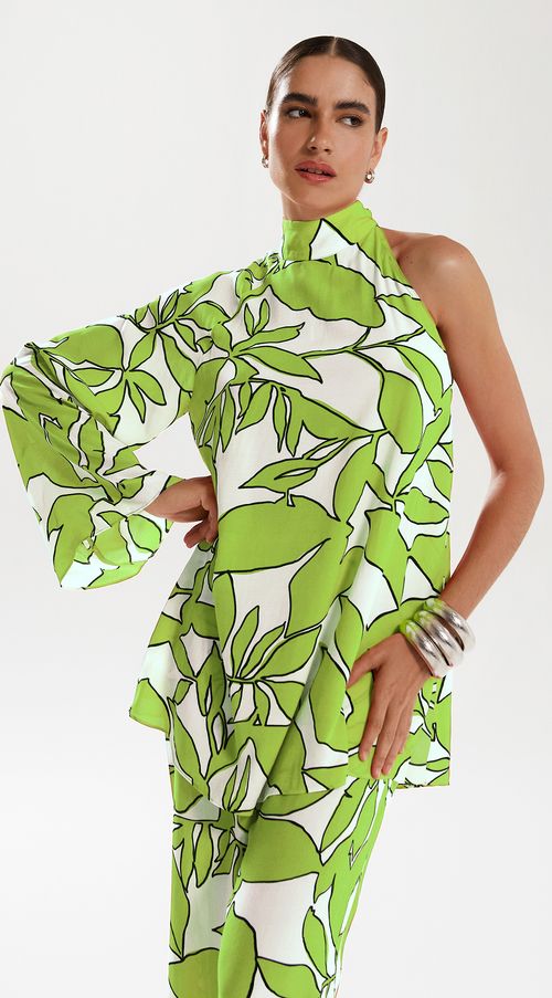 Blusa Iódice Gola Alta Manga Assimétrica Abertura Lateral Verde
