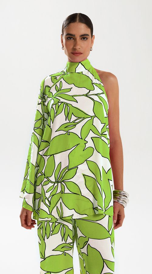 Blusa Iódice Gola Alta Manga Assimétrica Abertura Lateral Verde