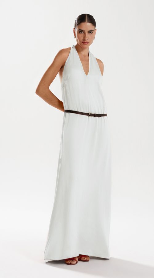 Vestido Iódice Longo Decote V Detalhe Cóstas Off White