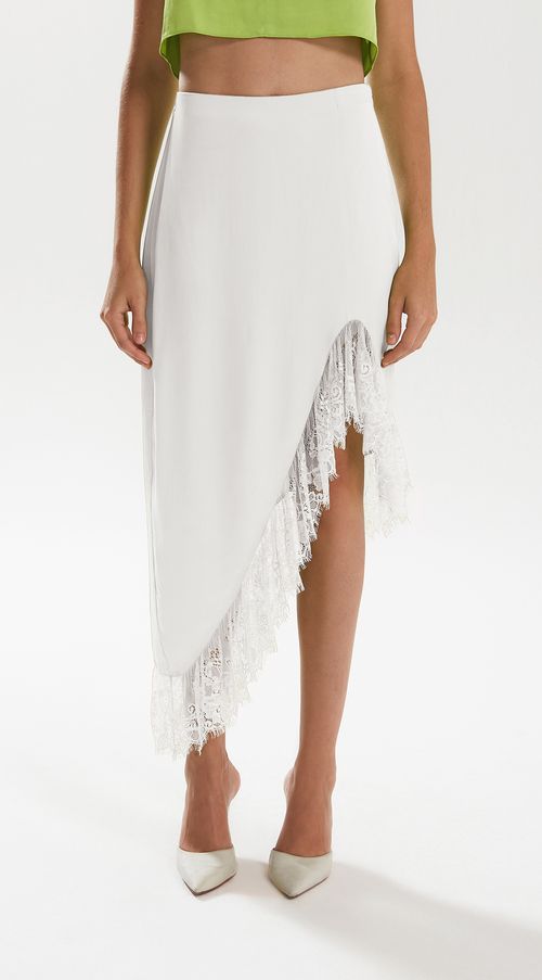 Saia Iódice Midi Assimétrica Detalhe Renda Off White