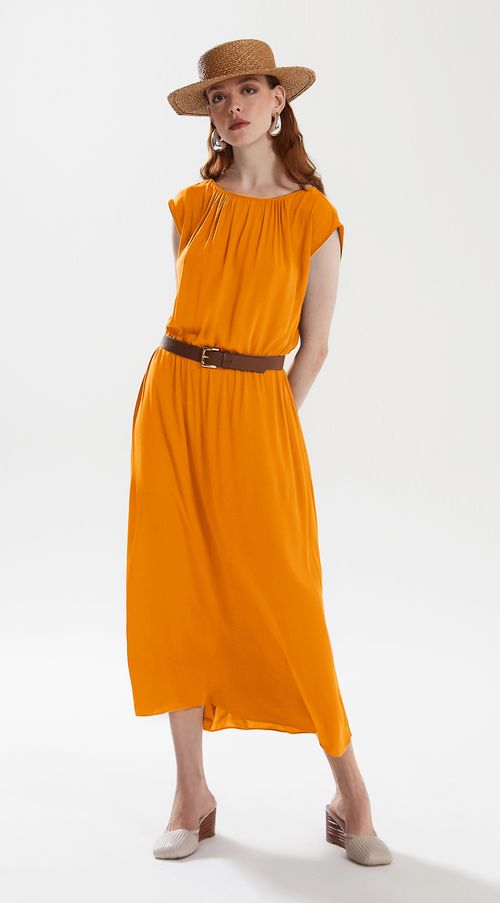 Vestido Iódice Midi Decote Franzido Canaleta Cintura Laranja