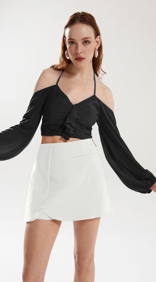 Blusa Iódice Frente Única Manga Longa Com Babado Preto