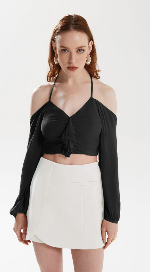 Blusa Iódice Frente Única Manga Longa Com Babado Preto