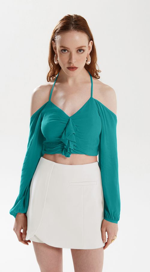 Blusa Iódice Frente Única Manga Longa Com Babado Verde Claro