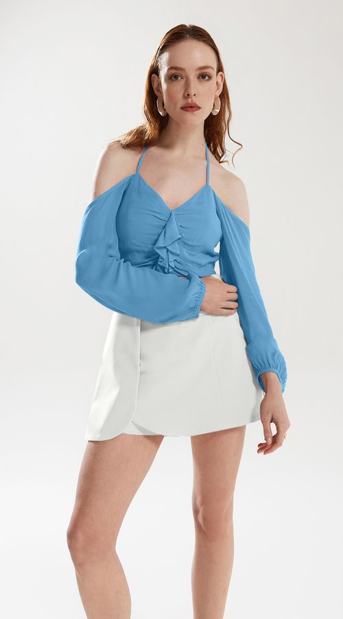 Blusa Iódice Frente Única Manga Longa Com Babado Azul