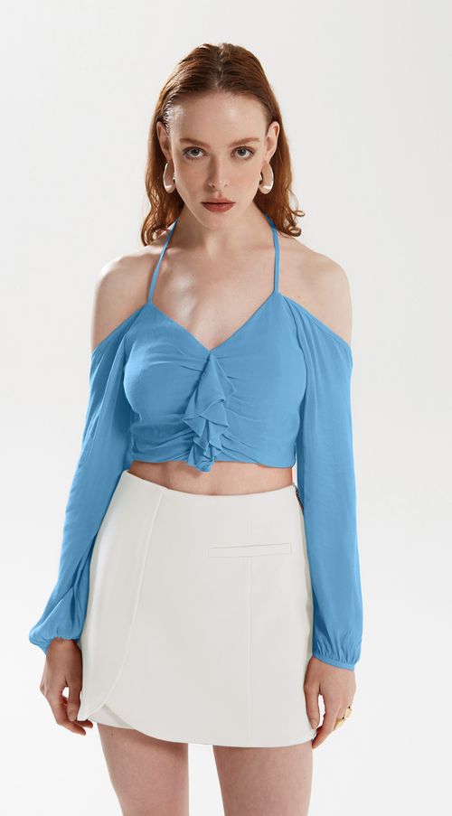Blusa Iódice Frente Única Manga Longa Com Babado Azul