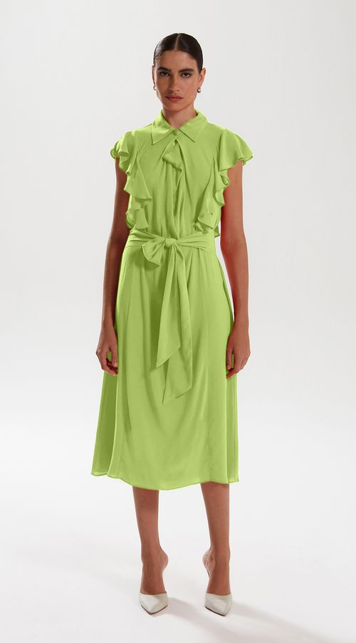 Vestido Iódice Midi Gola Alta Com Babado Verde Claro