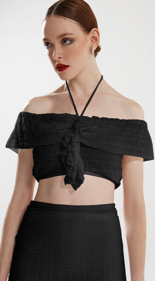 Top Iódice Cropped Ombro A Ombro Detalhe Alça Preto